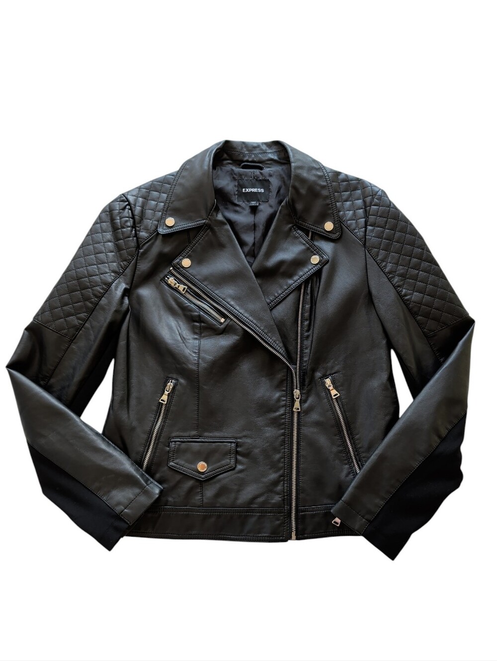 NWOT Express Faux Leather Asymmetrical Moto Jacket LARGE Black Pockets Quilted
